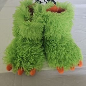 wonder nation Lime Green Fuzzy Monster Slipper Boots with Orange Accents